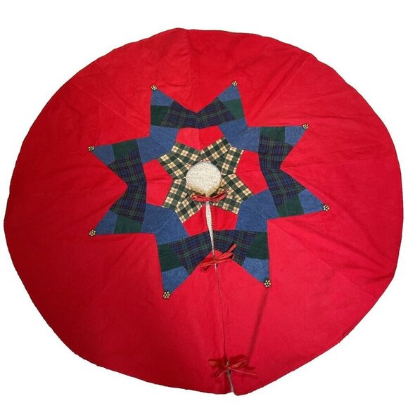 Vintage Pier 1 Christmas Tree Skirt Patchwork Corduroy Denim Jingle Bells 54" - Picture 1 of 9